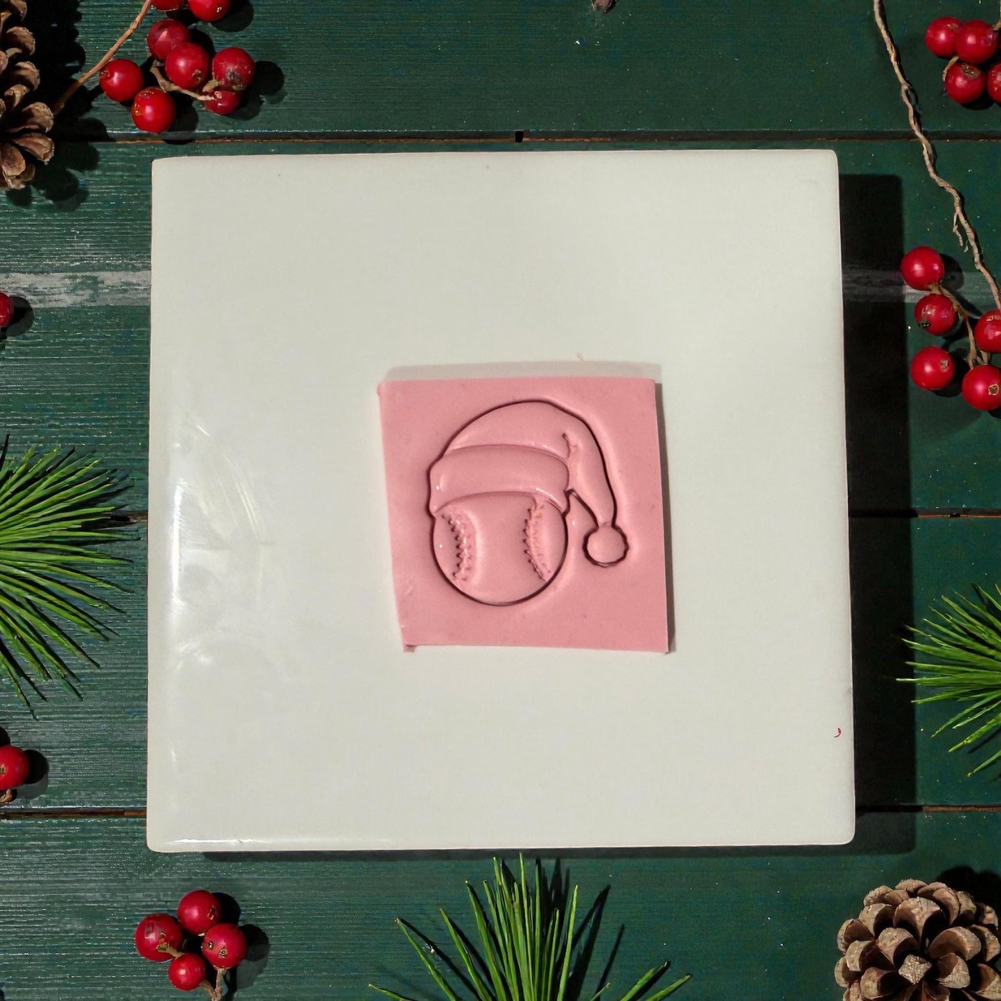 baseball santa clay impression on tile with greenery
