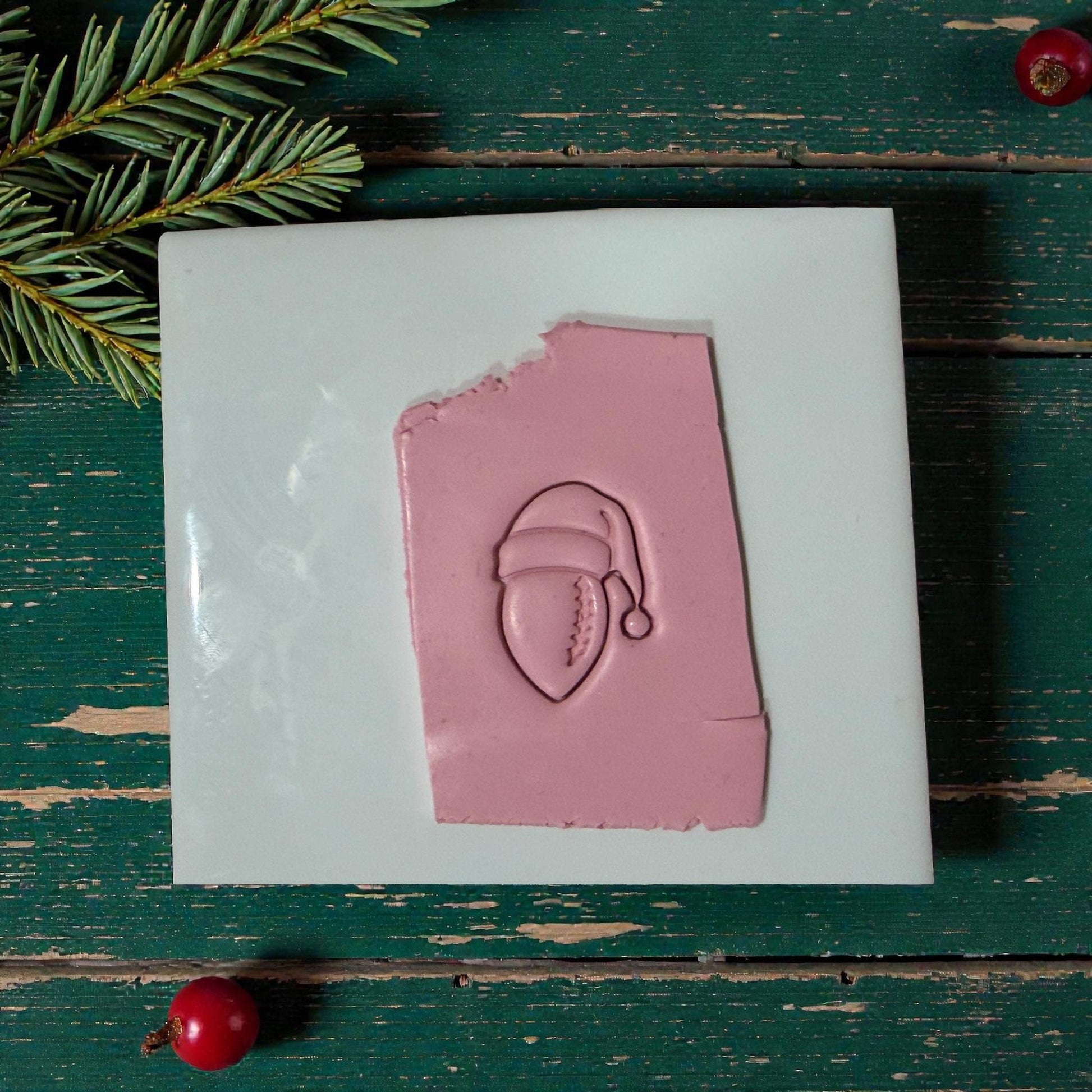 football santa impression on tile with greenery