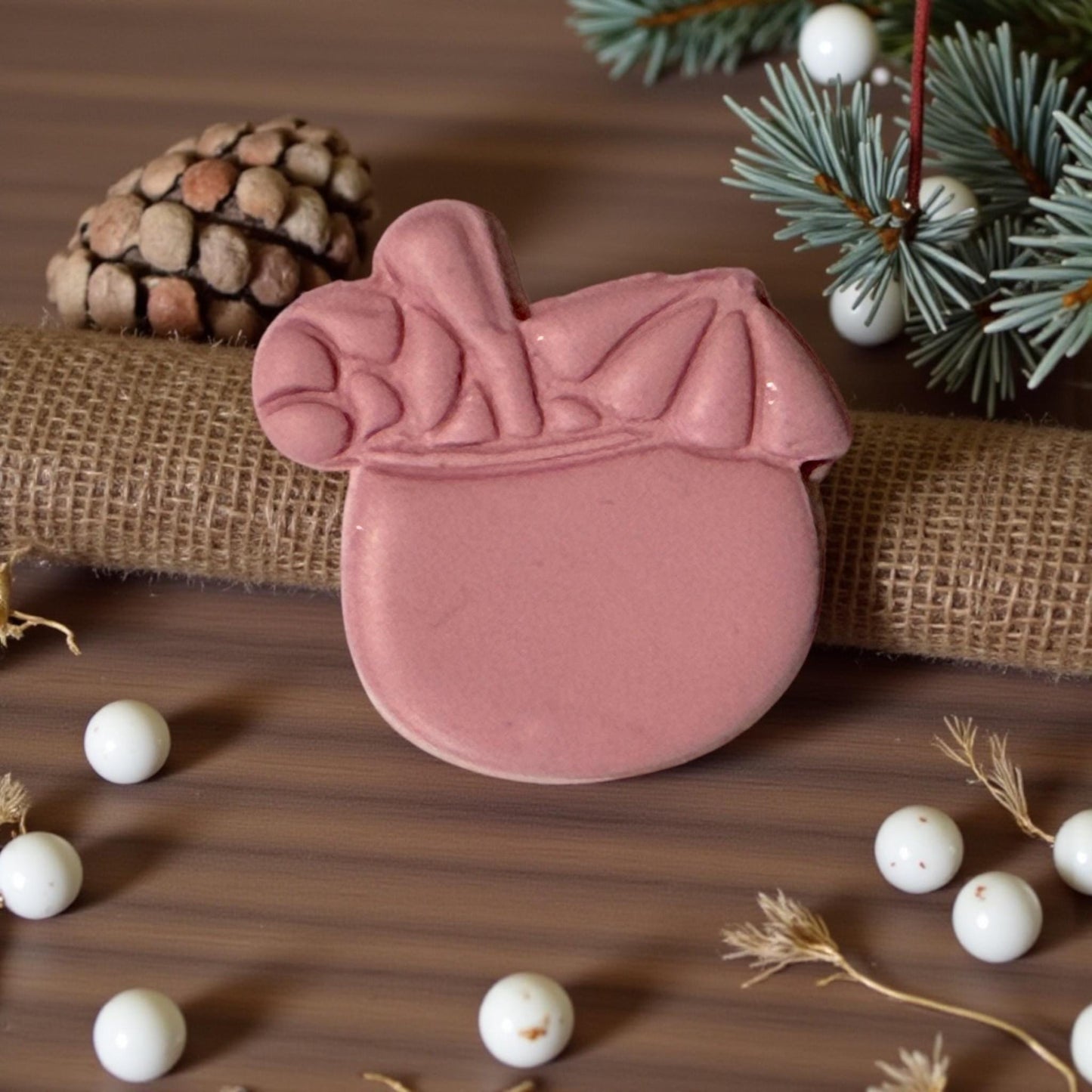 pink clay coconut christmas drink with holiday decor