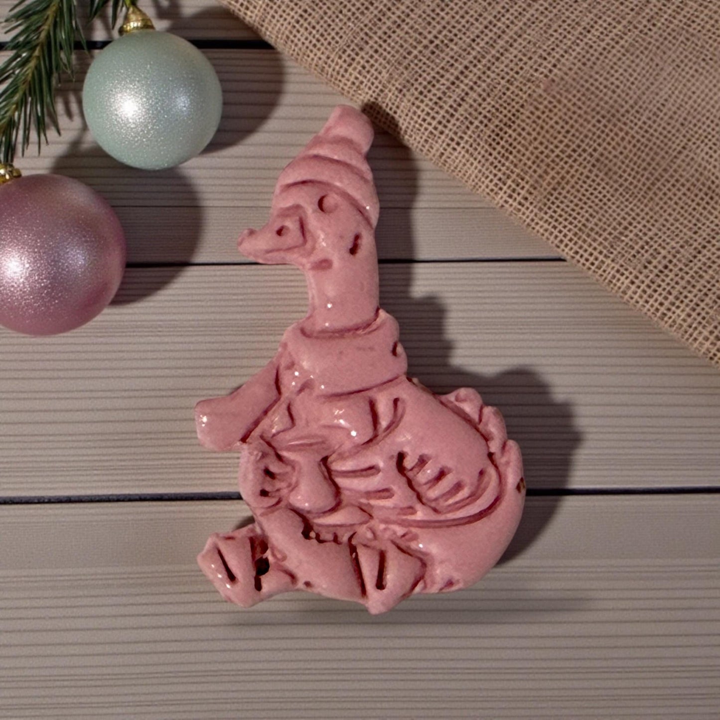 pink clay impression winter goose with pinecones