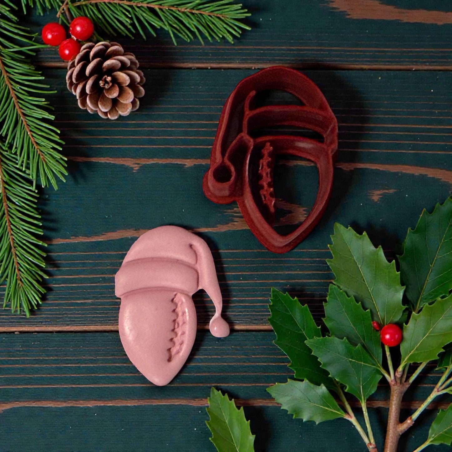 football santa clay shape and cutter on green wood