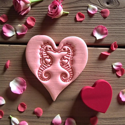 closeup seahorse heart clay design with pink petals
