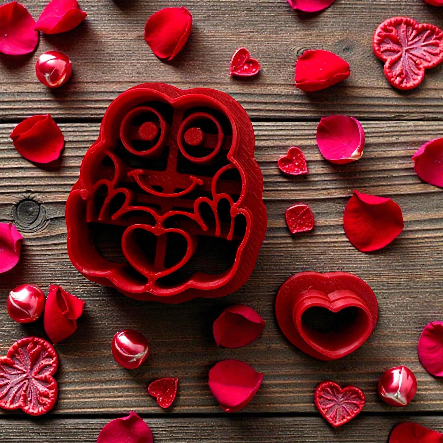 Frog cutter set with layered heart cutter on rustic wood background