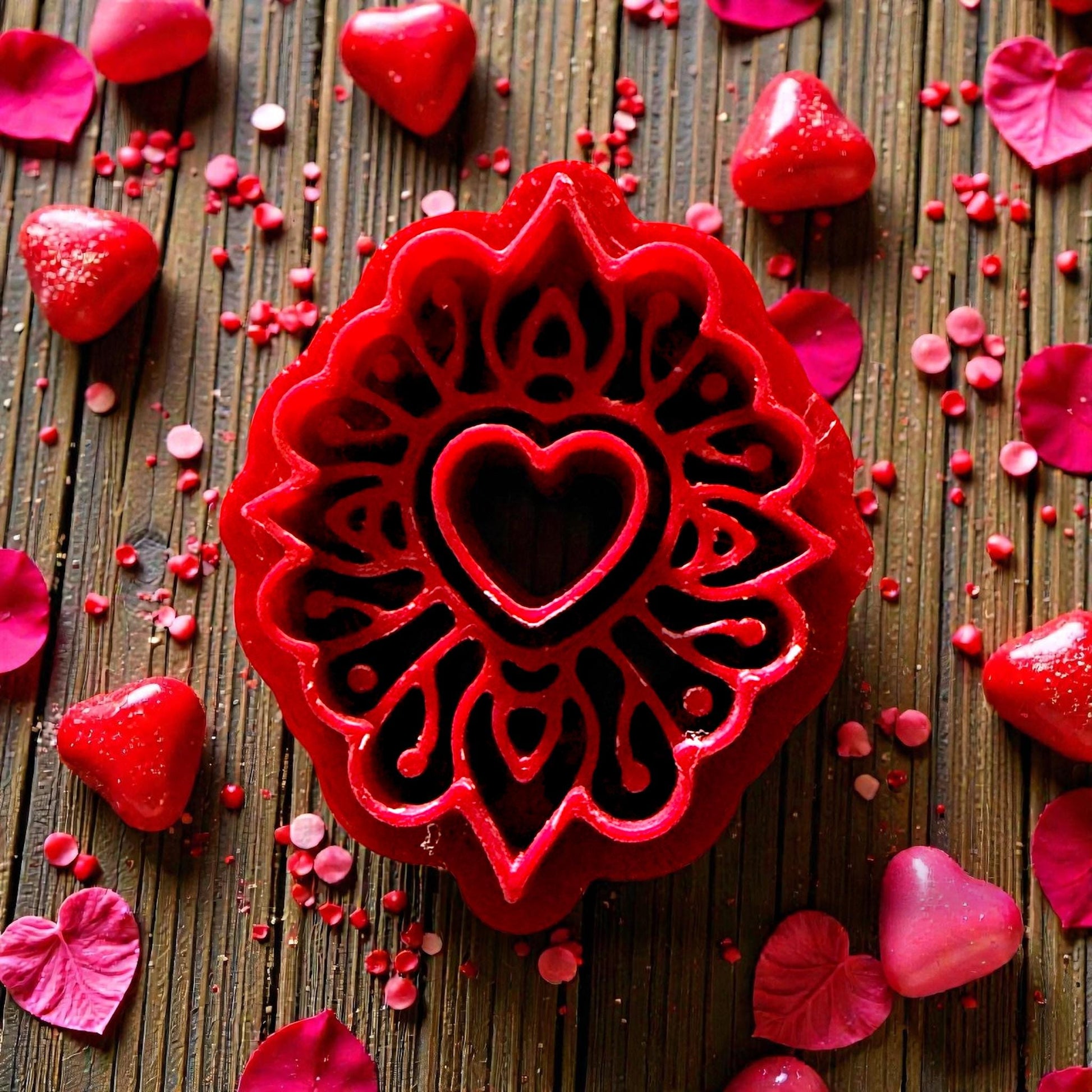 closeup red heart mandala polymer clay cutter