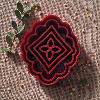 red scalloped diamond tile polymer clay cutter on burlap