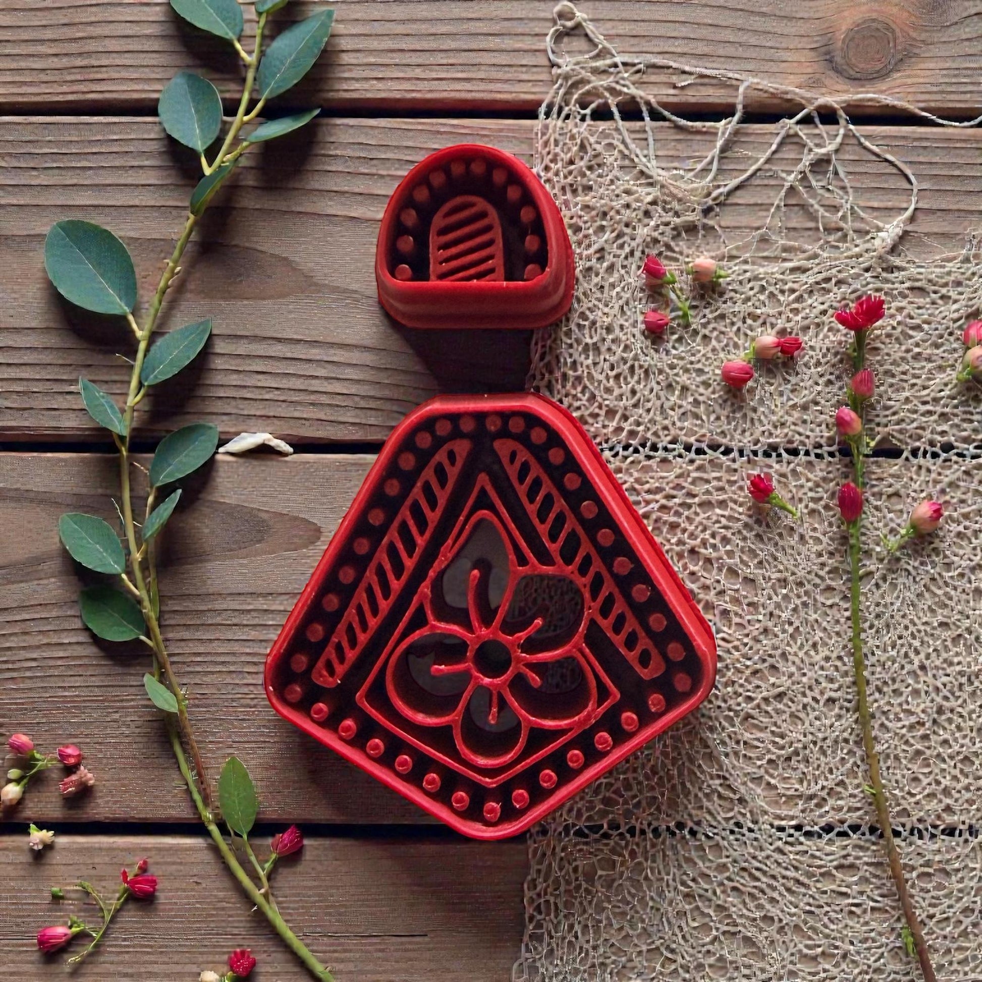 boho floral polymer clay cutter on wood