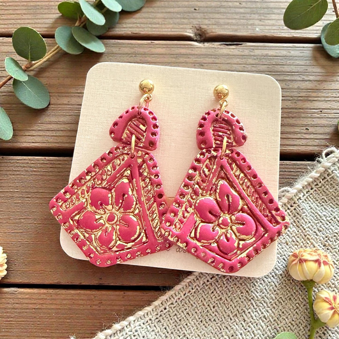 boho floral earrings on display card