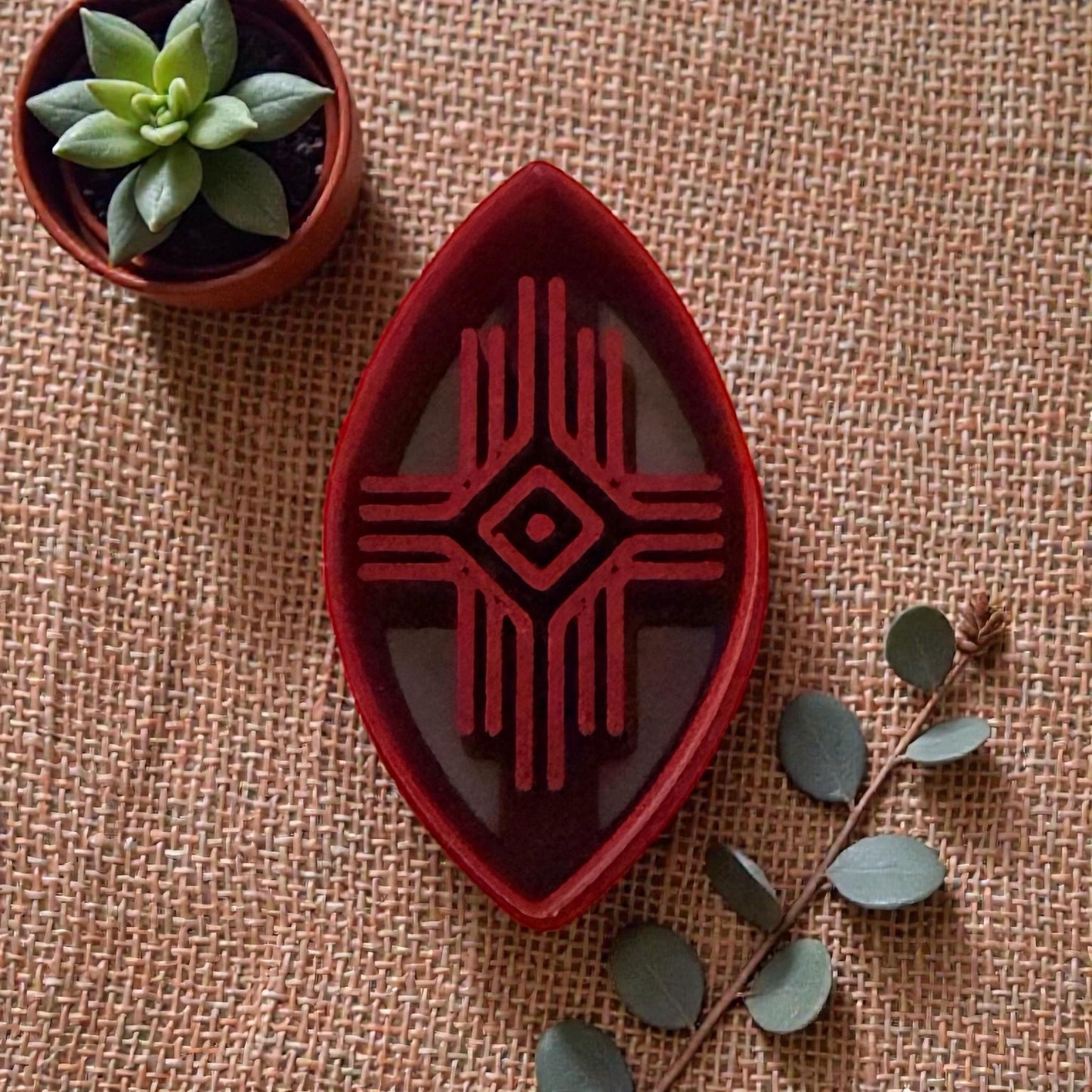 boho geometric polymer clay cutter on burlap background