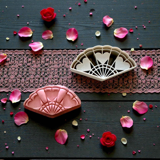 pink and gray heart fan cutter and clay impression on lace ribbon