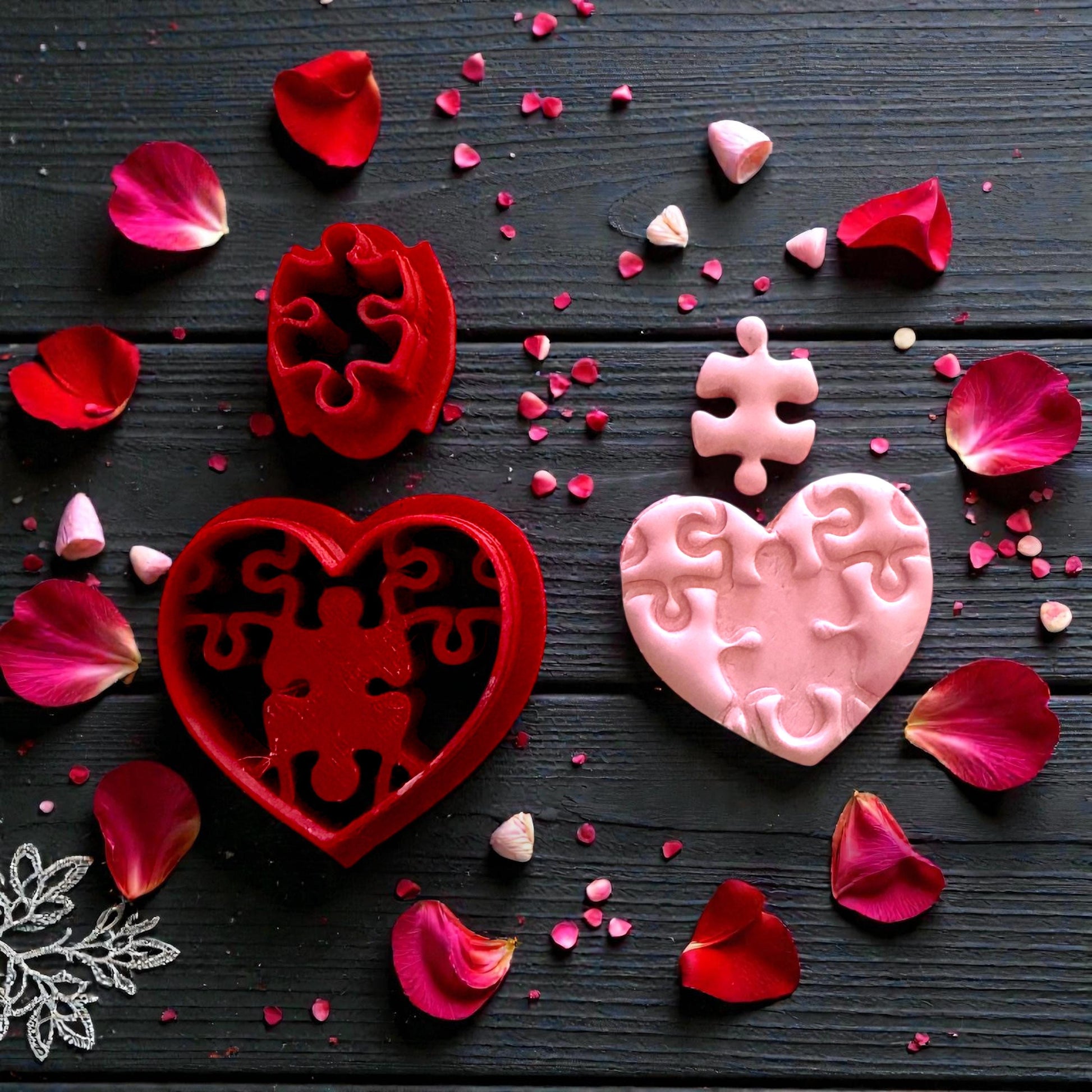 red puzzle heart cutter and pink clay impression
