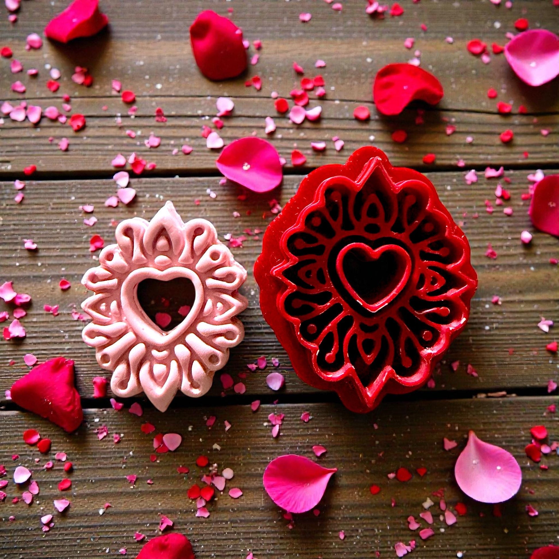 heart mandala clay and cutter side by side