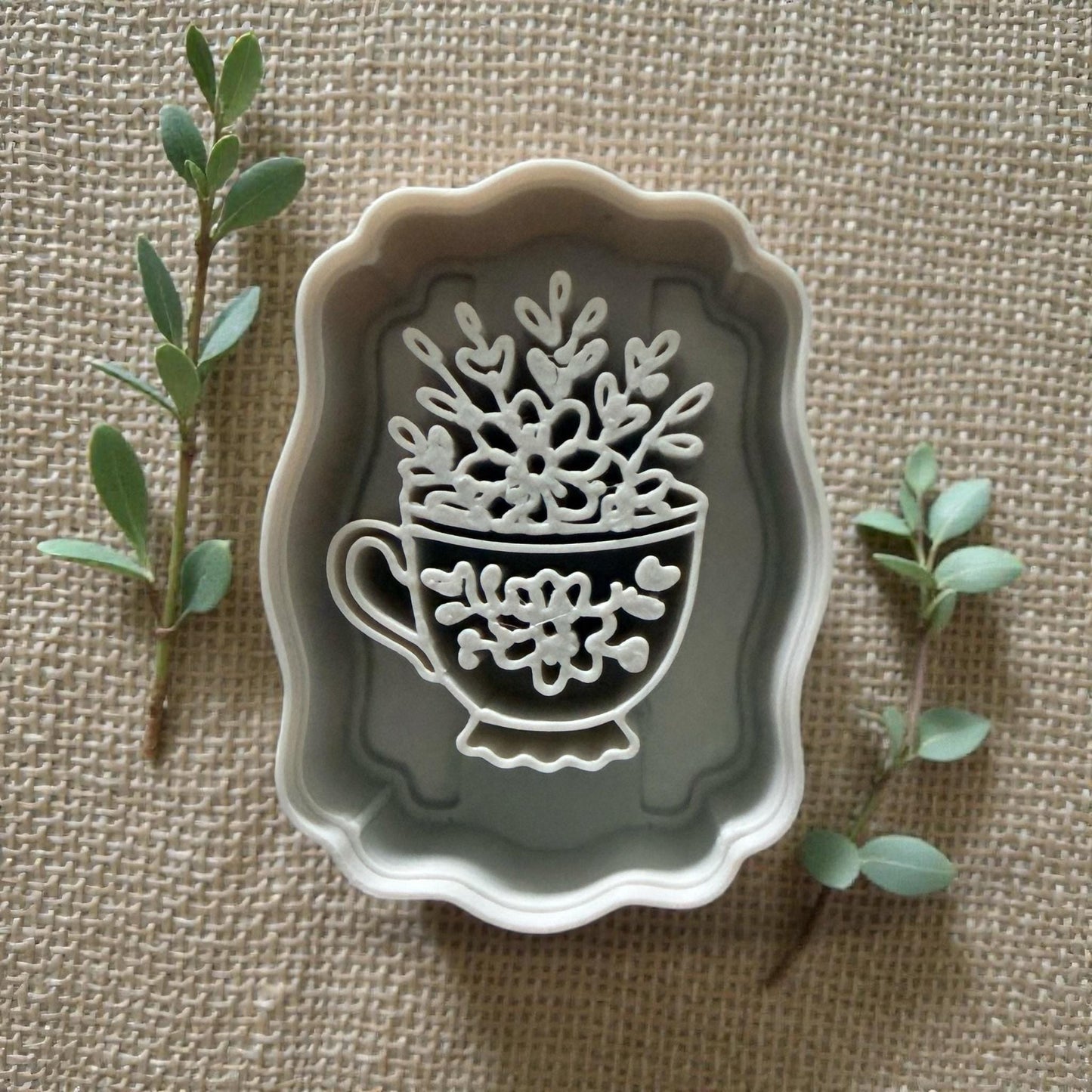 floral teacup polymer clay cutter in frame shape