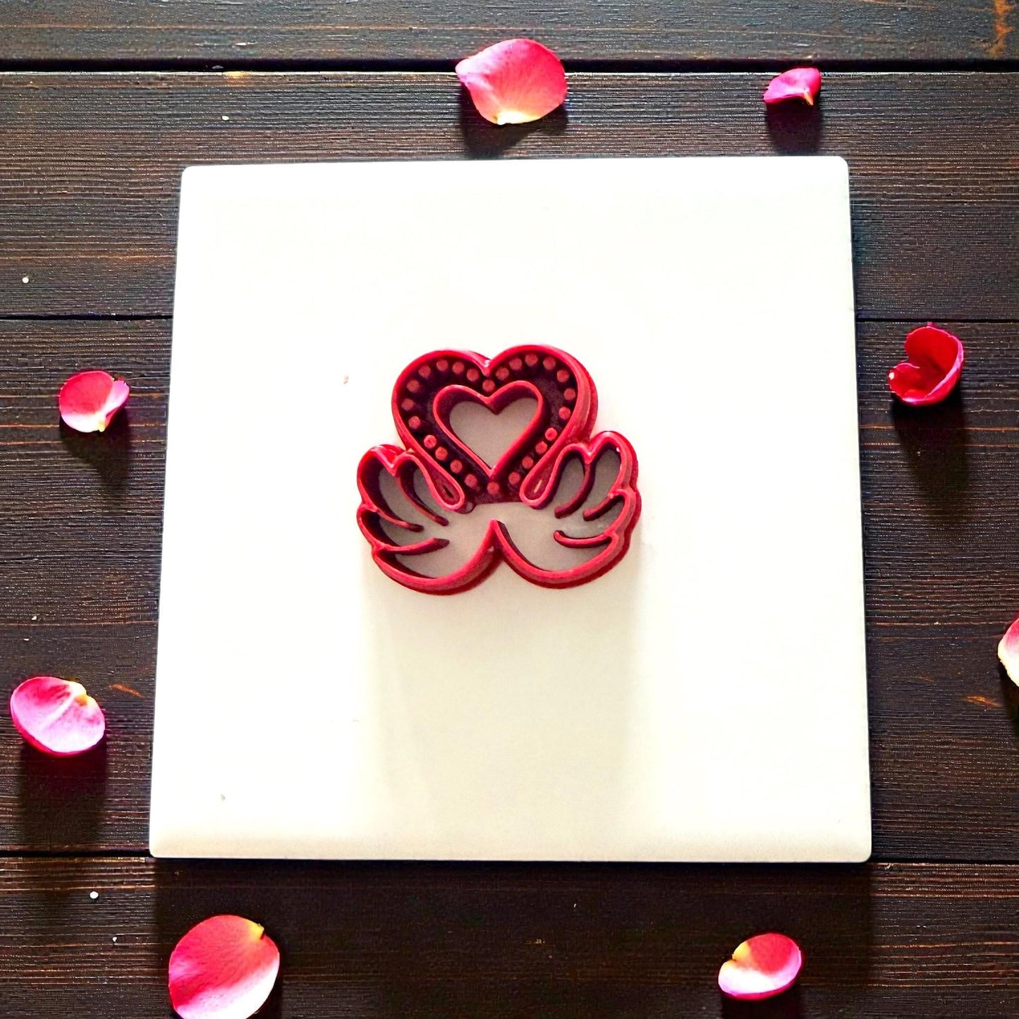 red love swan clay cutter with rose petals