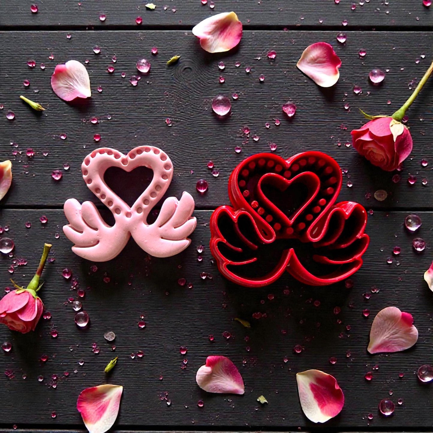 red and pink love swan cutters with scattered petals
