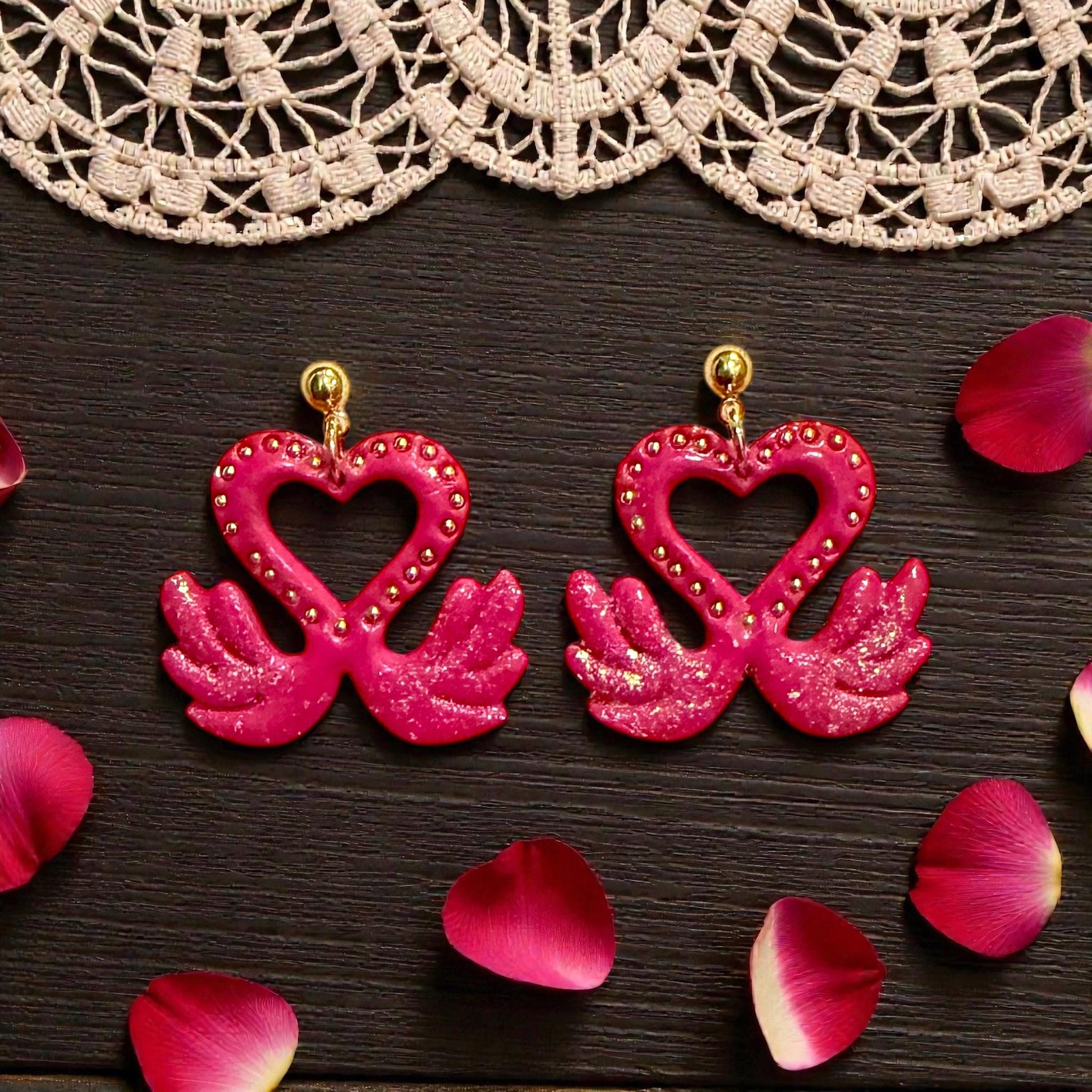 finished glitter pink love swan earrings