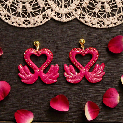 finished glitter pink love swan earrings