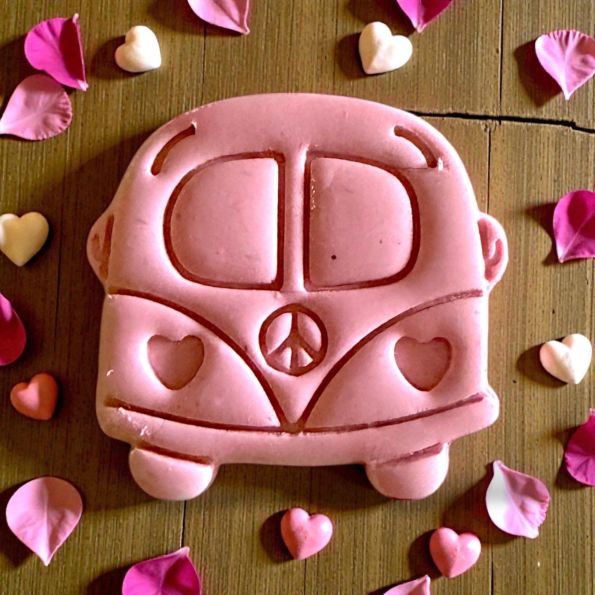 close up pink love bus clay piece