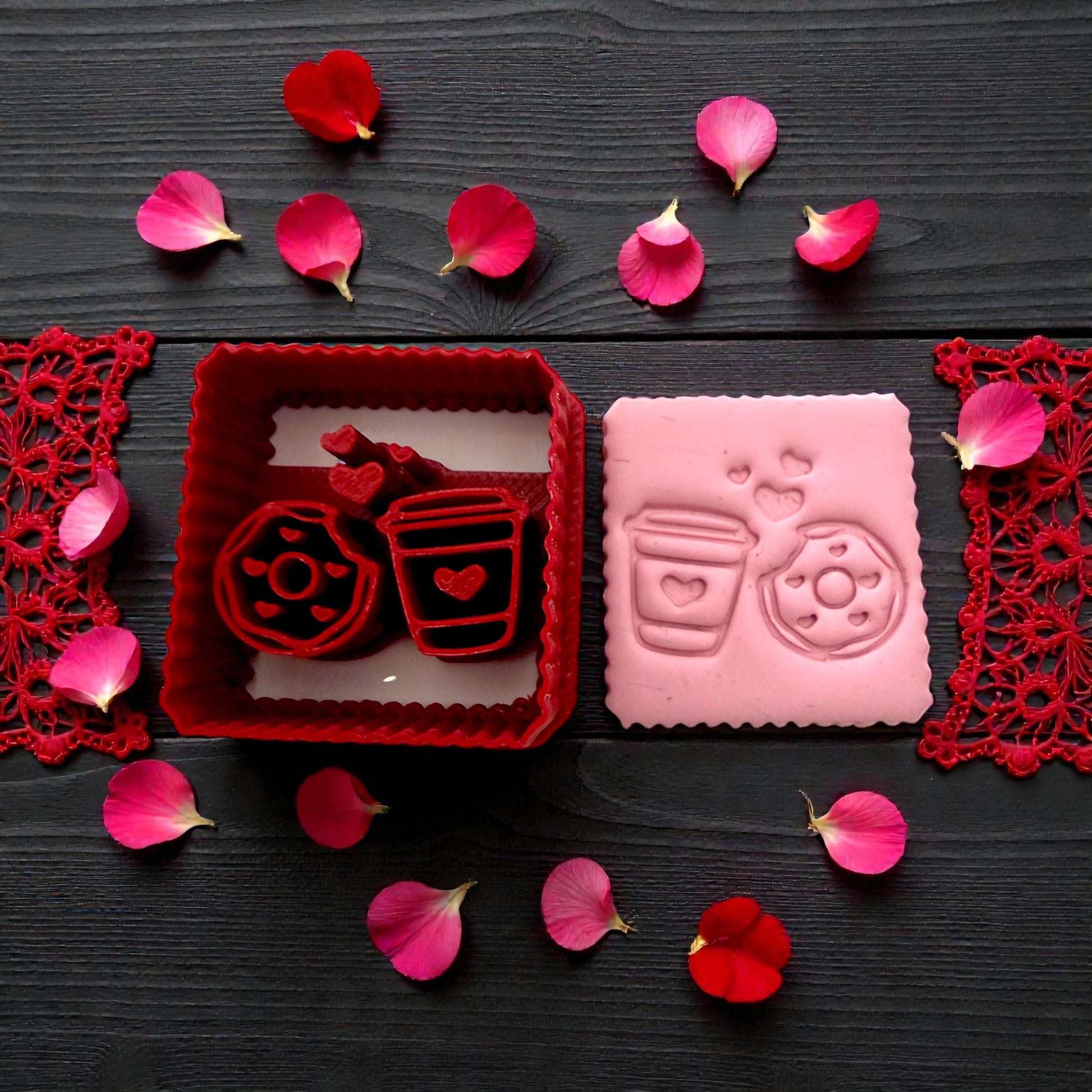 Pink clay impression of donut and coffee Valentine design with sprinkles and petals and red matching cutter