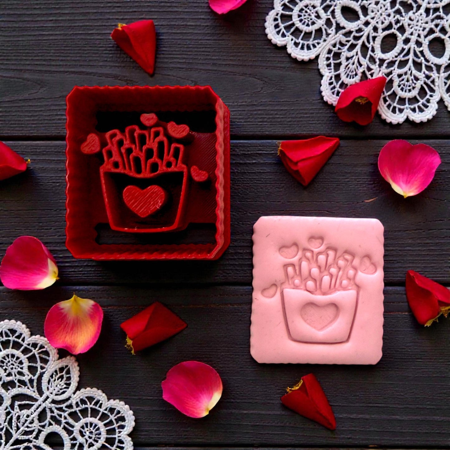 Red fries-and-hearts Valentine polymer clay cutter close-up