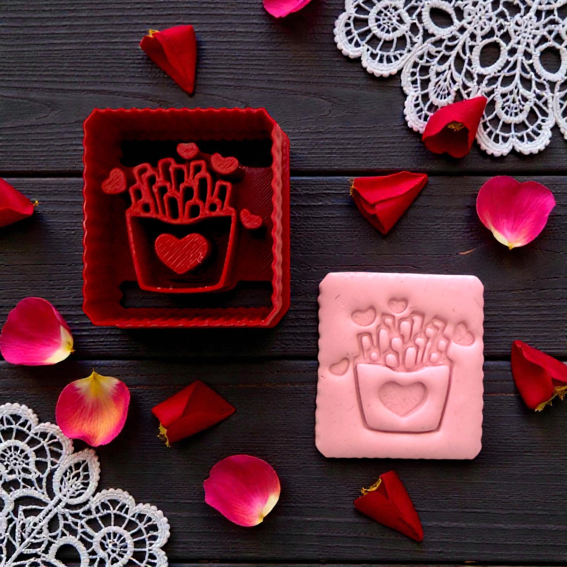 Red fries-and-hearts Valentine polymer clay cutter close-up