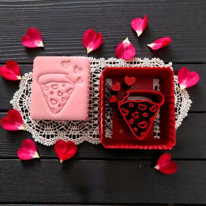 Foodie Valentine polymer clay cutter collection with pizza drink fries burger donut coffee heart motifs for clay crafting