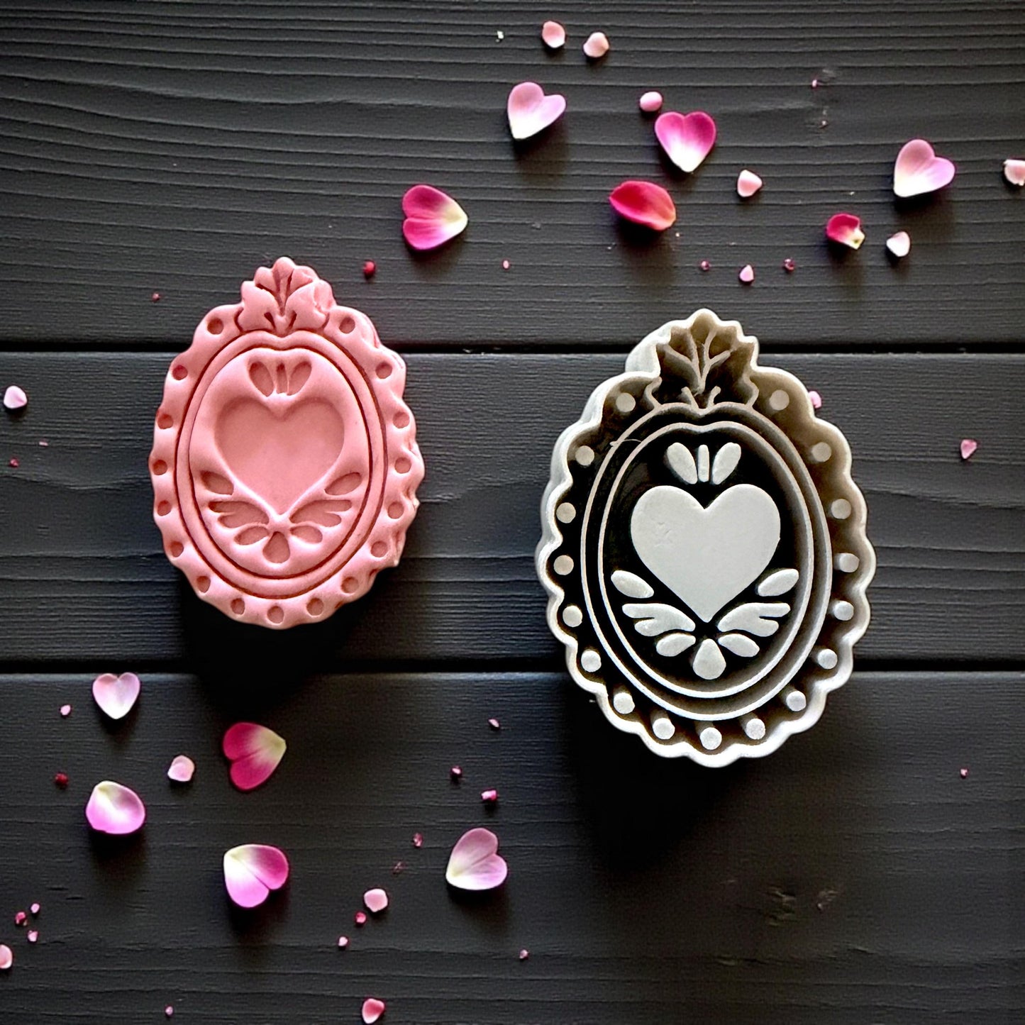 pink and white heart-frame cutters with petals