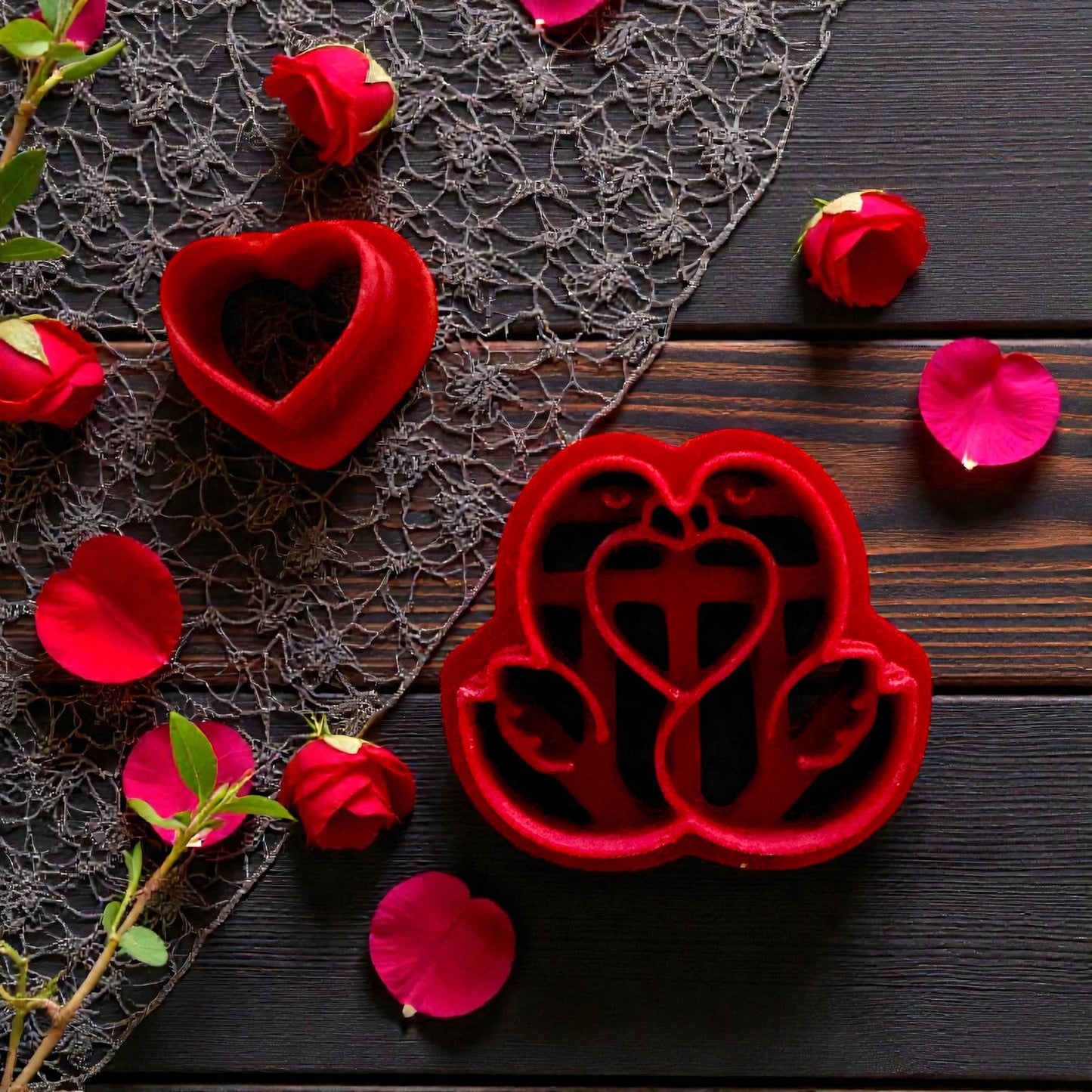 red swan cutter closeup with petals and lace