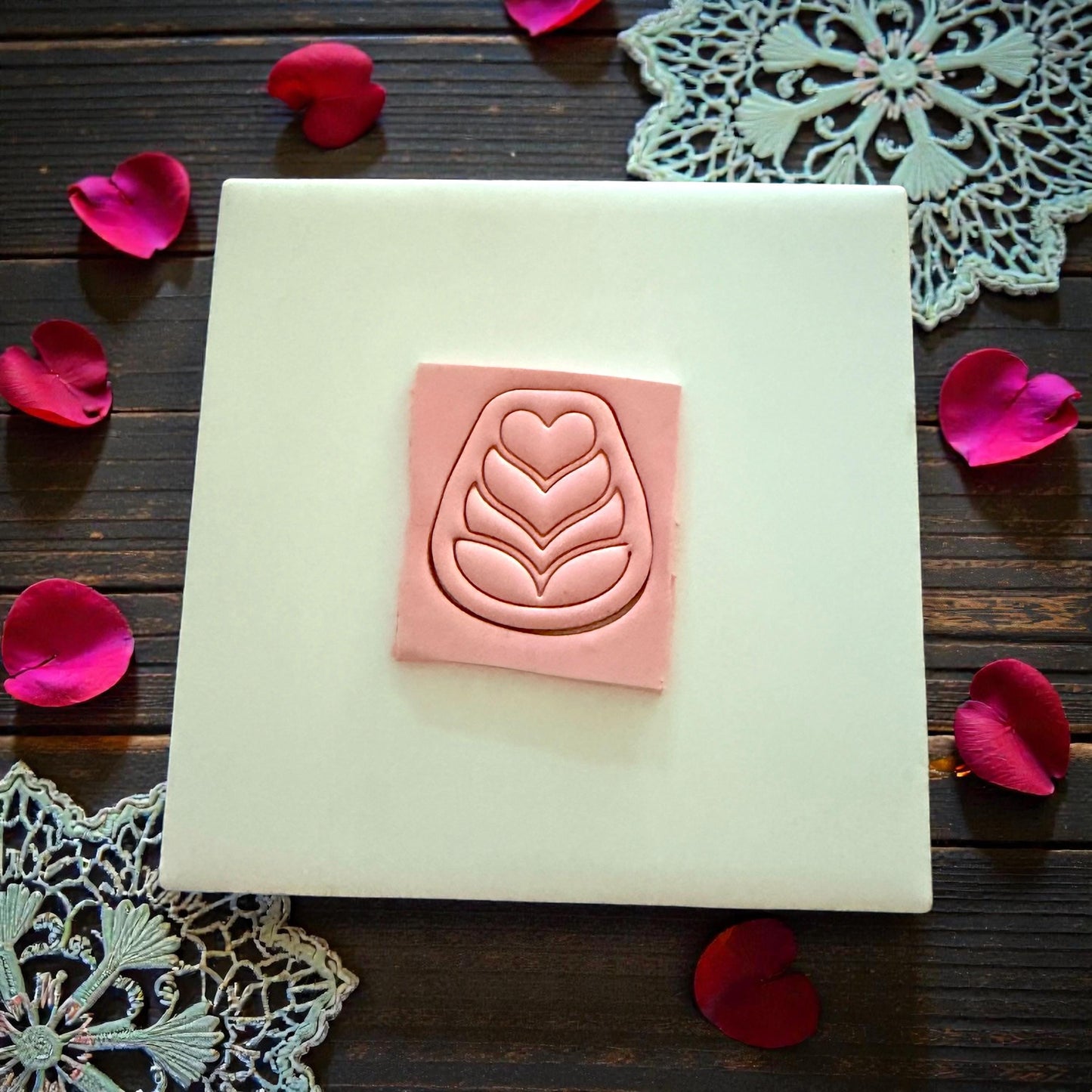 heart petal folk flower clay imprint on tile