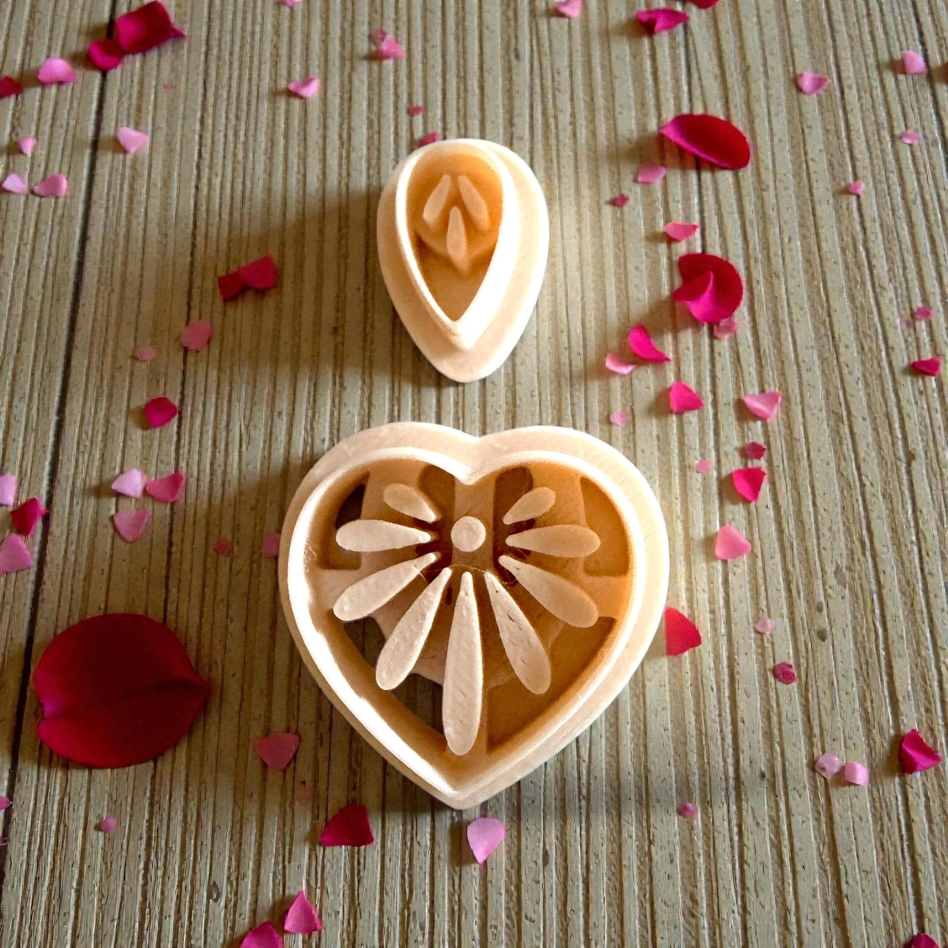 Two piece heart floral polymer clay cutter set with droplet top | boho carved heart clay cutter | romantic floral shape for makers
