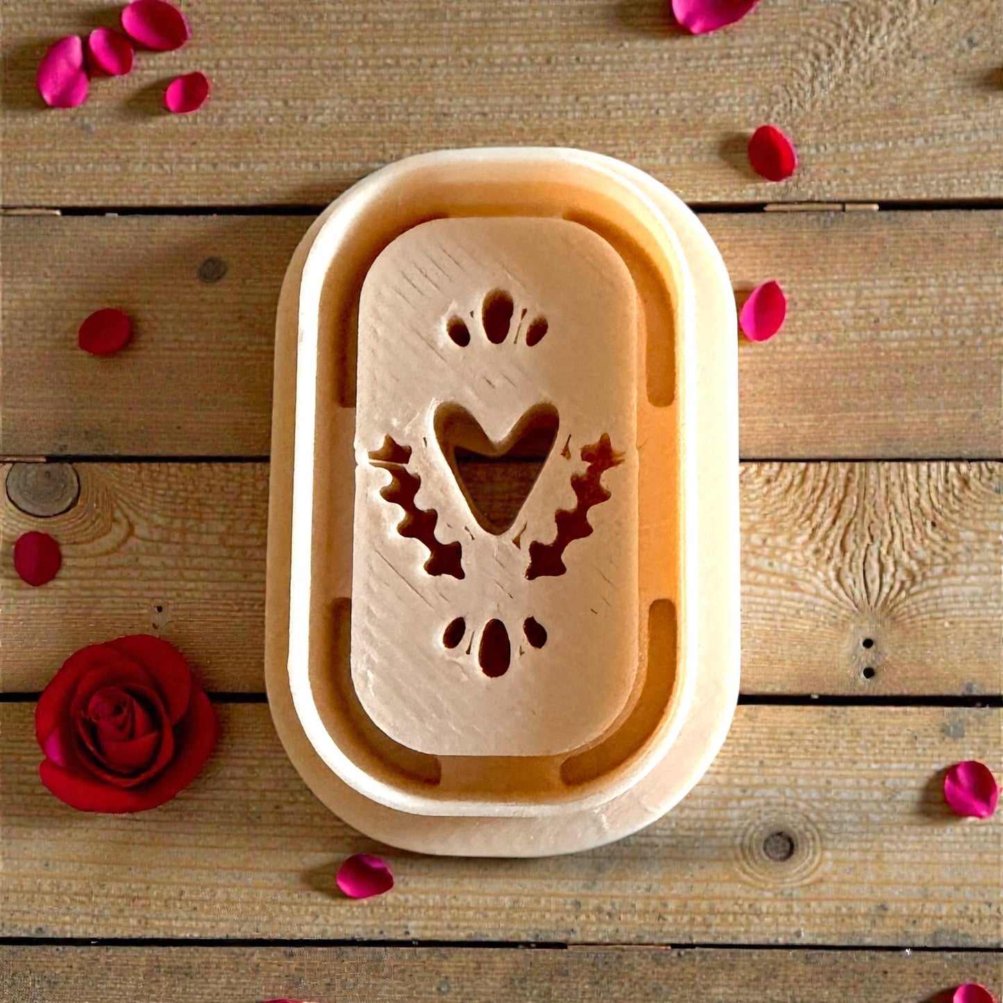 tan heart plaque cutter closeup