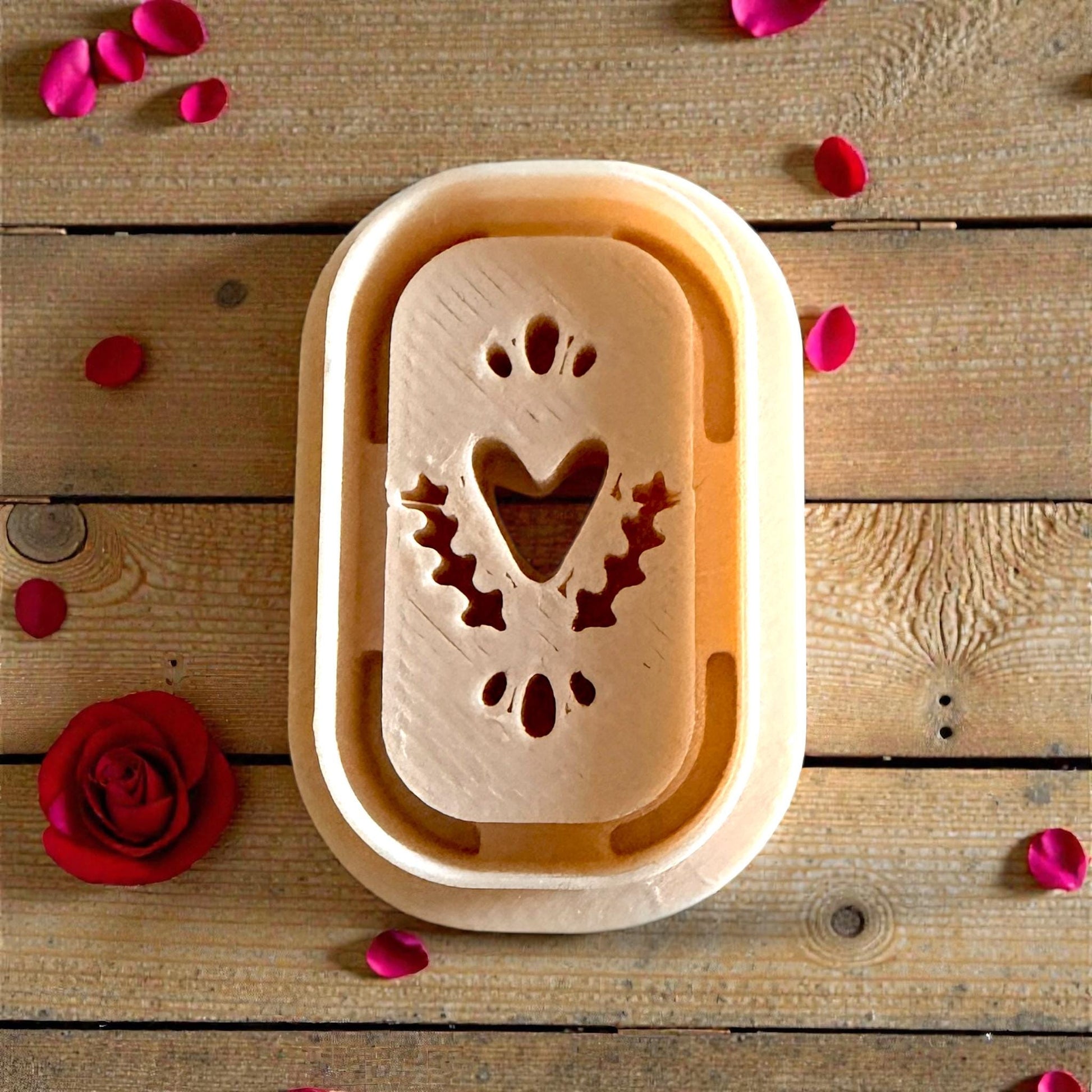 tan heart plaque cutter closeup