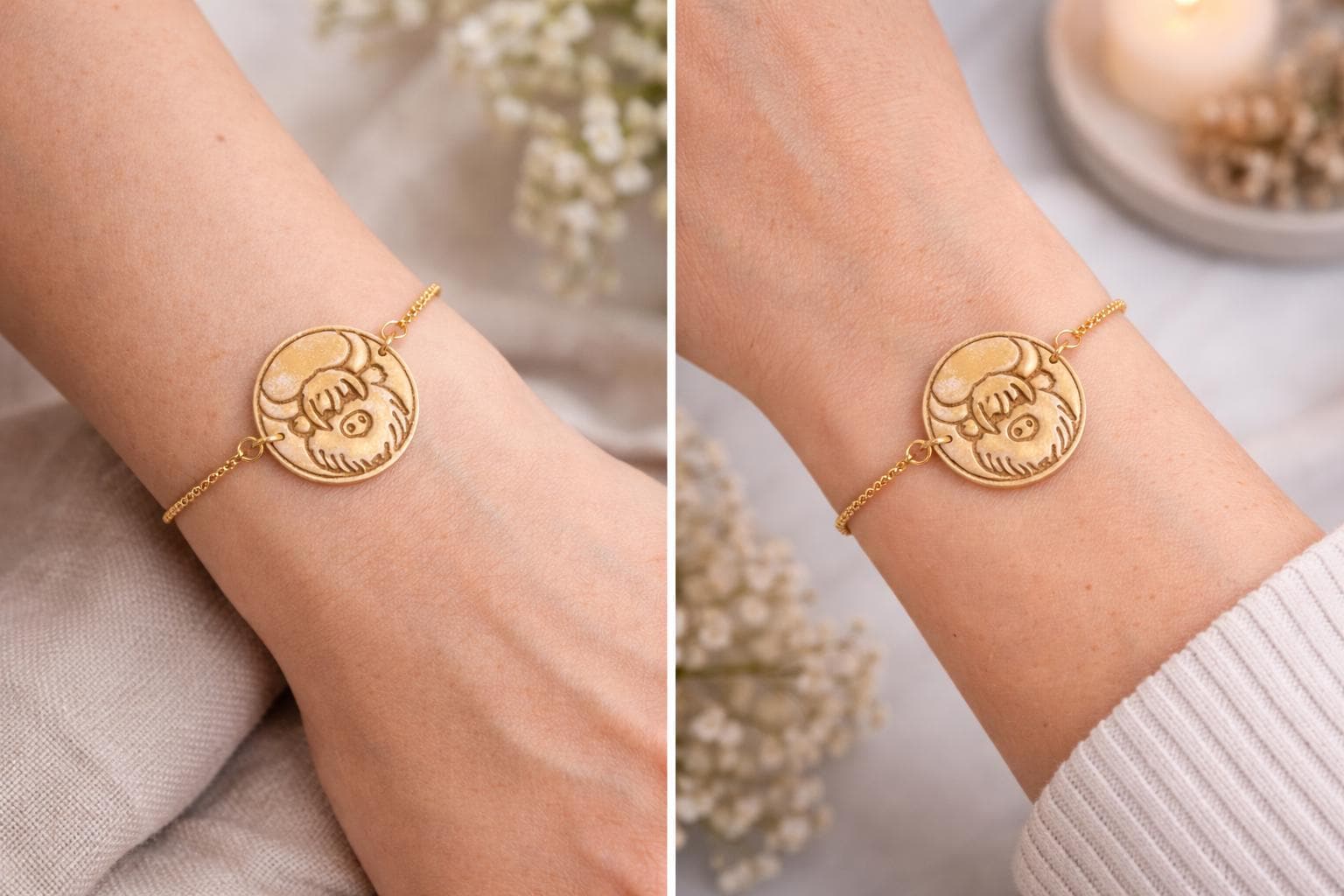 highland cow charm bracelet on wrist