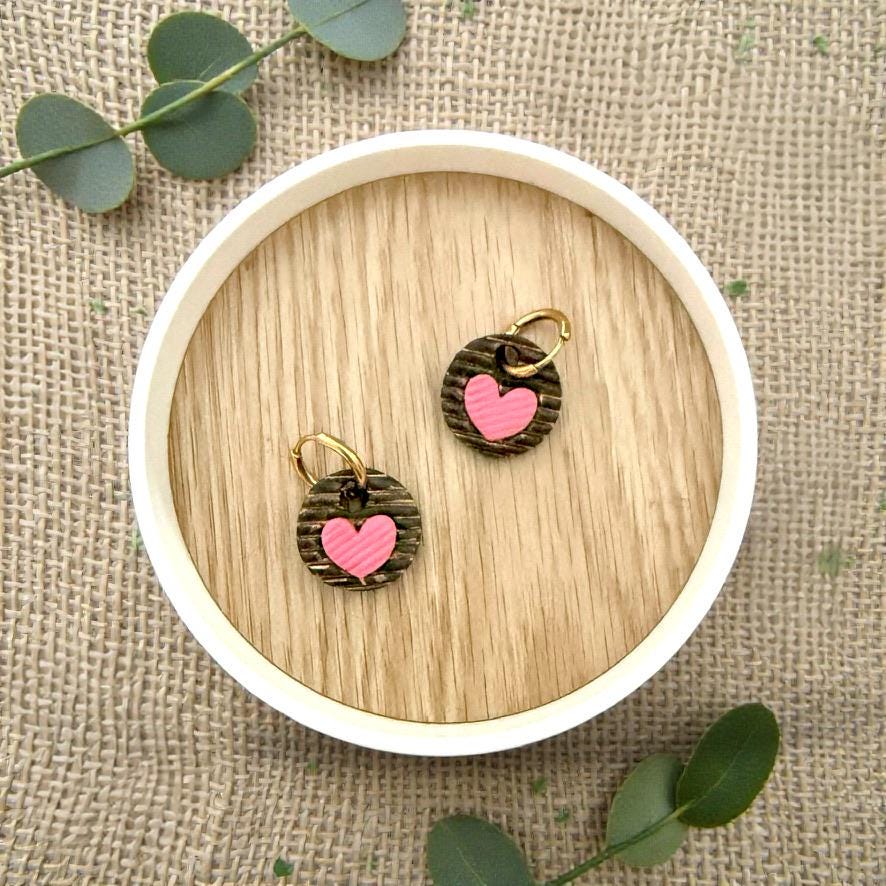 black and pink heart round huggie earring