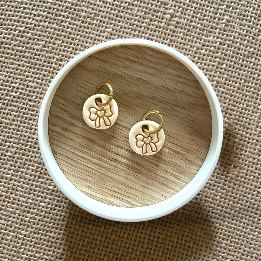 beige, round, heart bow earring huggies
