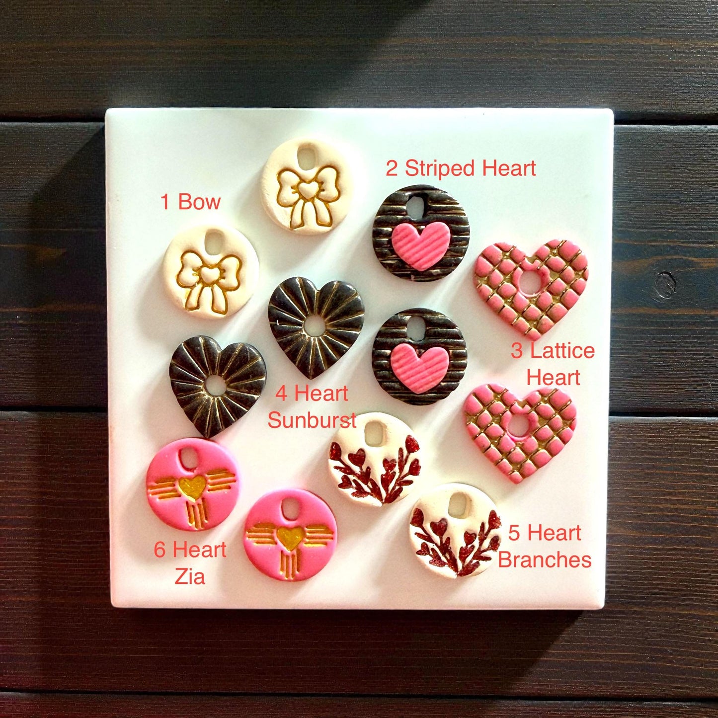 finished polymer clay love collection - bow, sunburst hear, lattice heart, striped heart, zia heart, branches heart