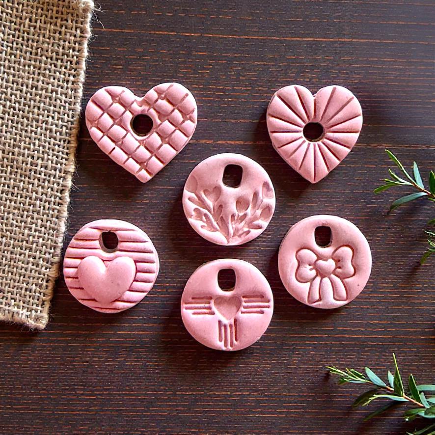 clay pink impressions of polymer clay love collection - bow, sunburst hear, lattice heart, striped heart, zia heart, branches heart