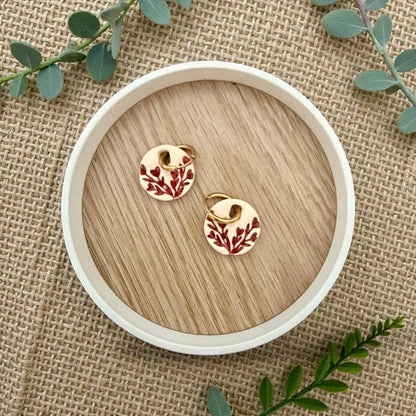 beige and red round heart branches huggie earring