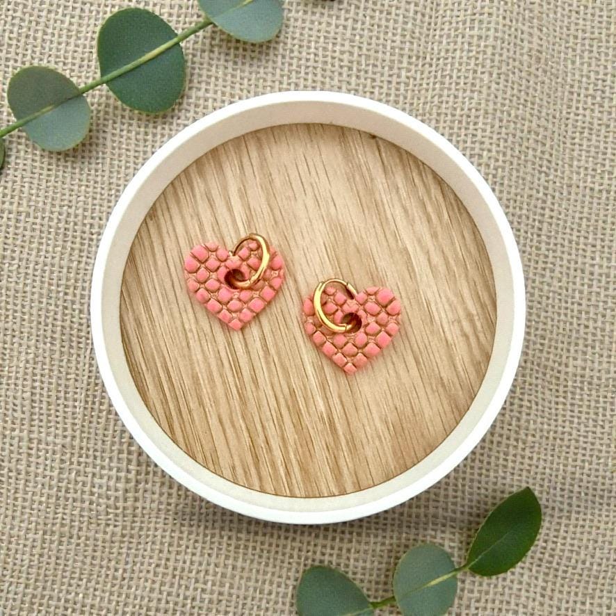 pink and gold lattice heart huggie earring