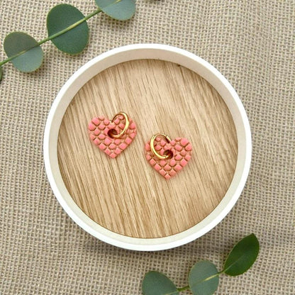 pink and gold lattice heart huggie earring