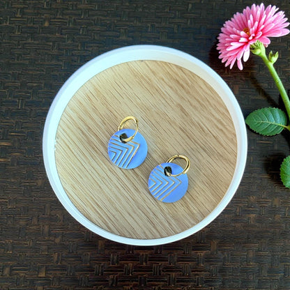 blue clay charms with chevron lines and gold hoops