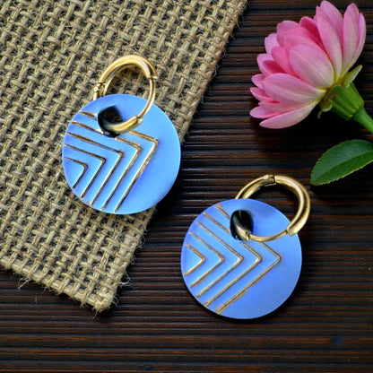closeup blue chevron charms with gold hoops