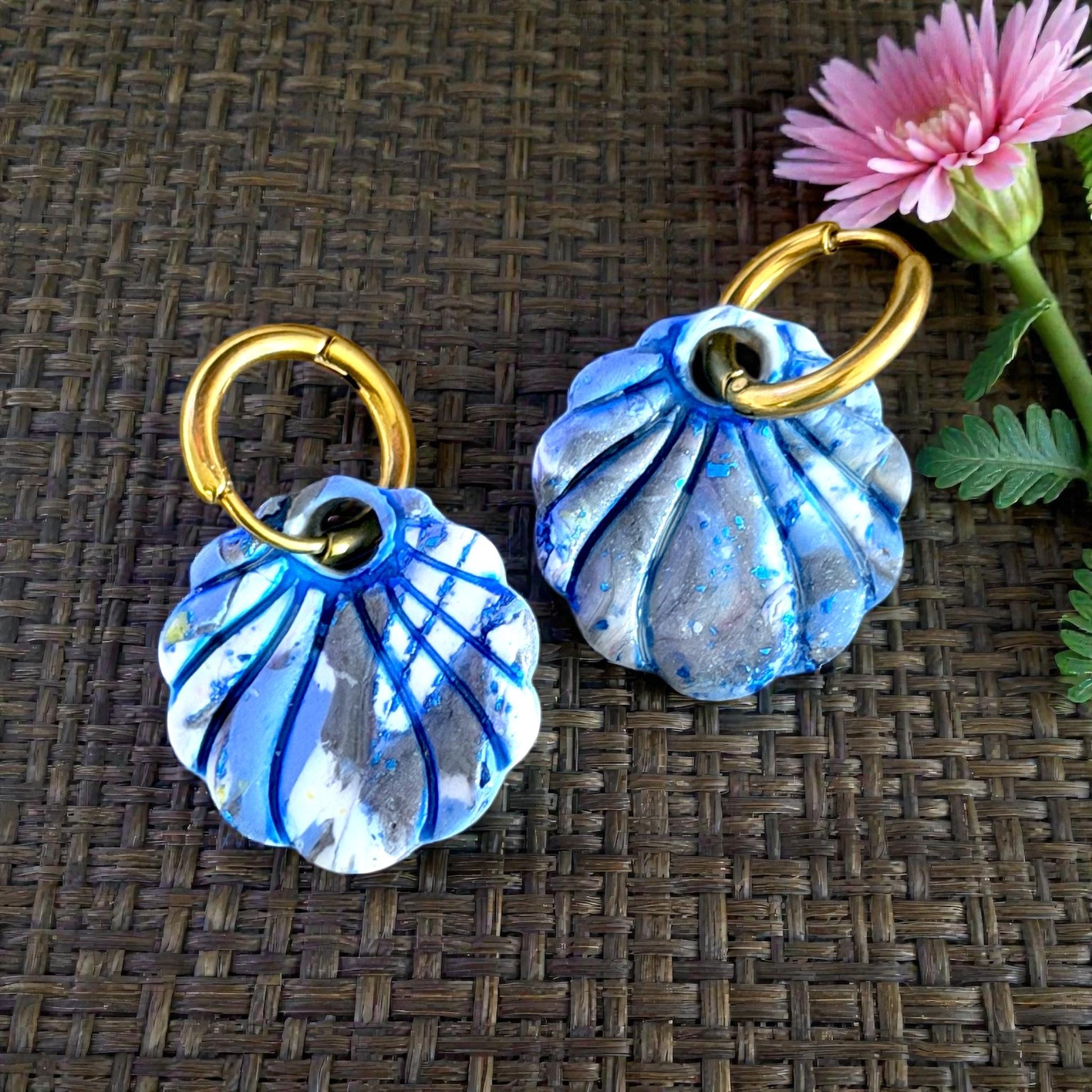 painted blue scallop shell charms with gold hoops