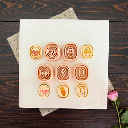 full Easter mini cutter set arranged on white tile with finished designs