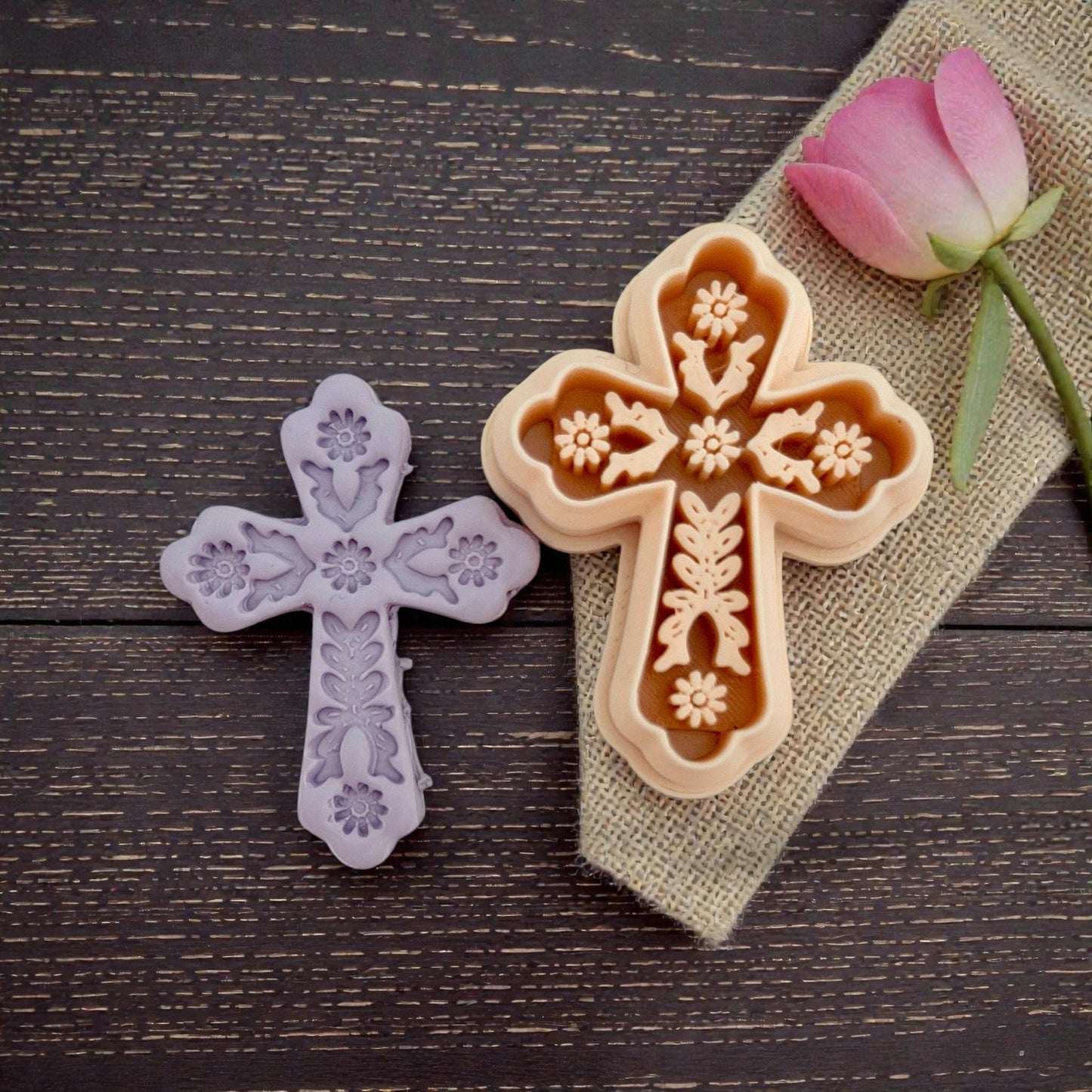 floral cross cutter and clay impression with pink flower