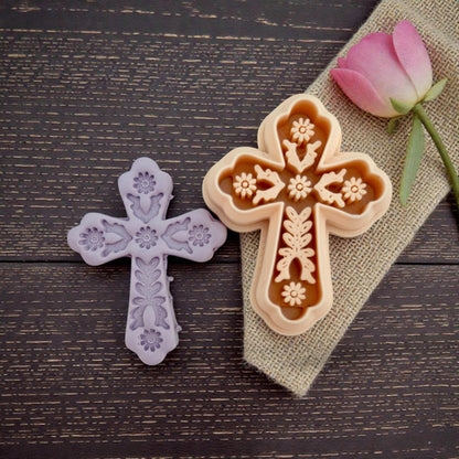 floral cross cutter and clay impression with pink flower