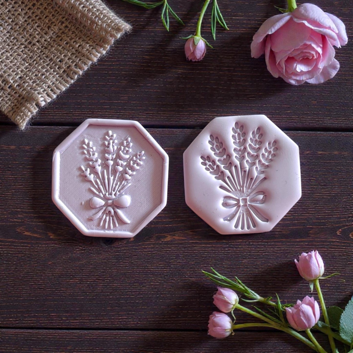 Wheat bouquet cutters and clay pieces in soft purple
