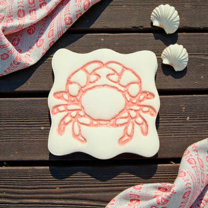 large crab clay imprint on wooden background with shells