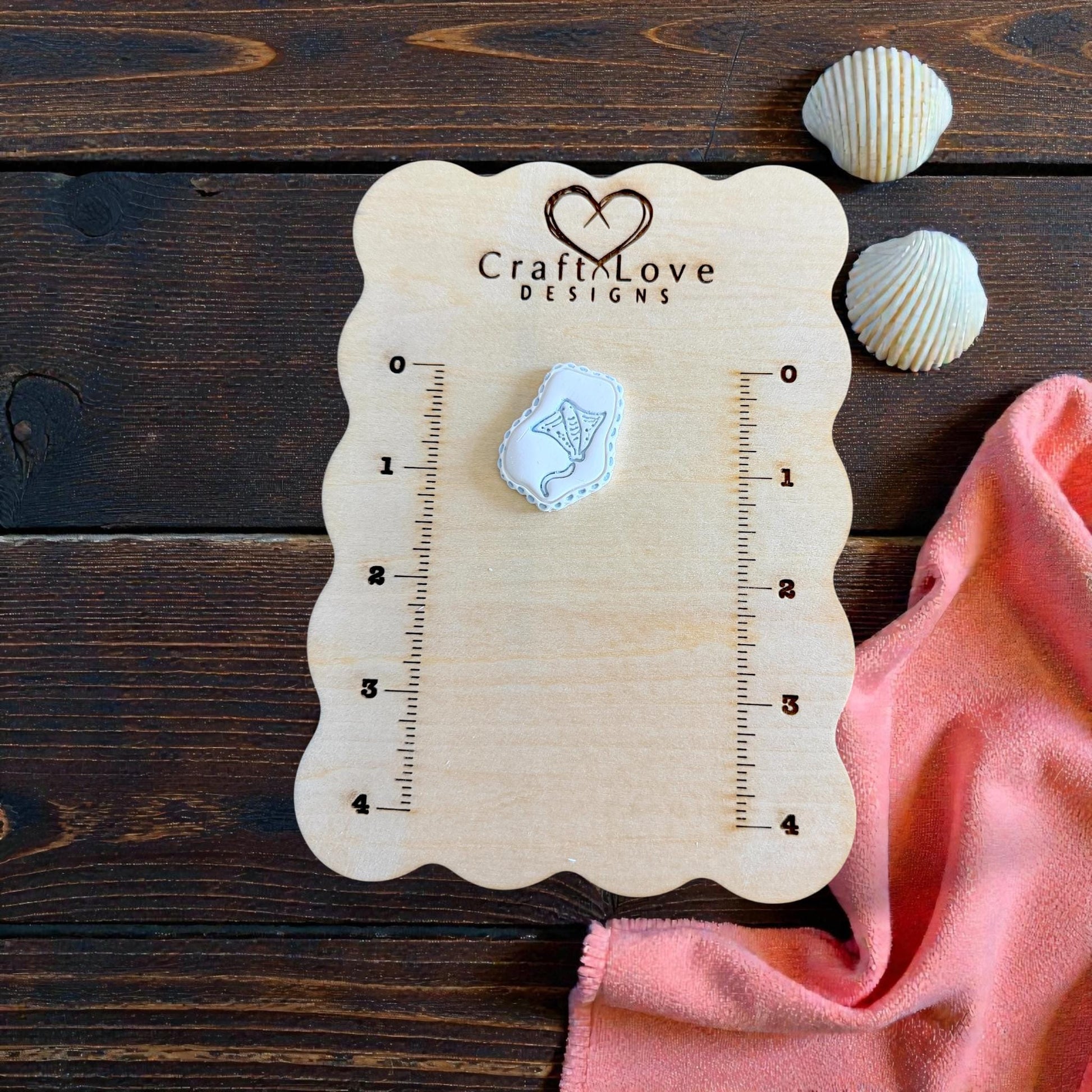 manta ray imprint on measuring board with shells