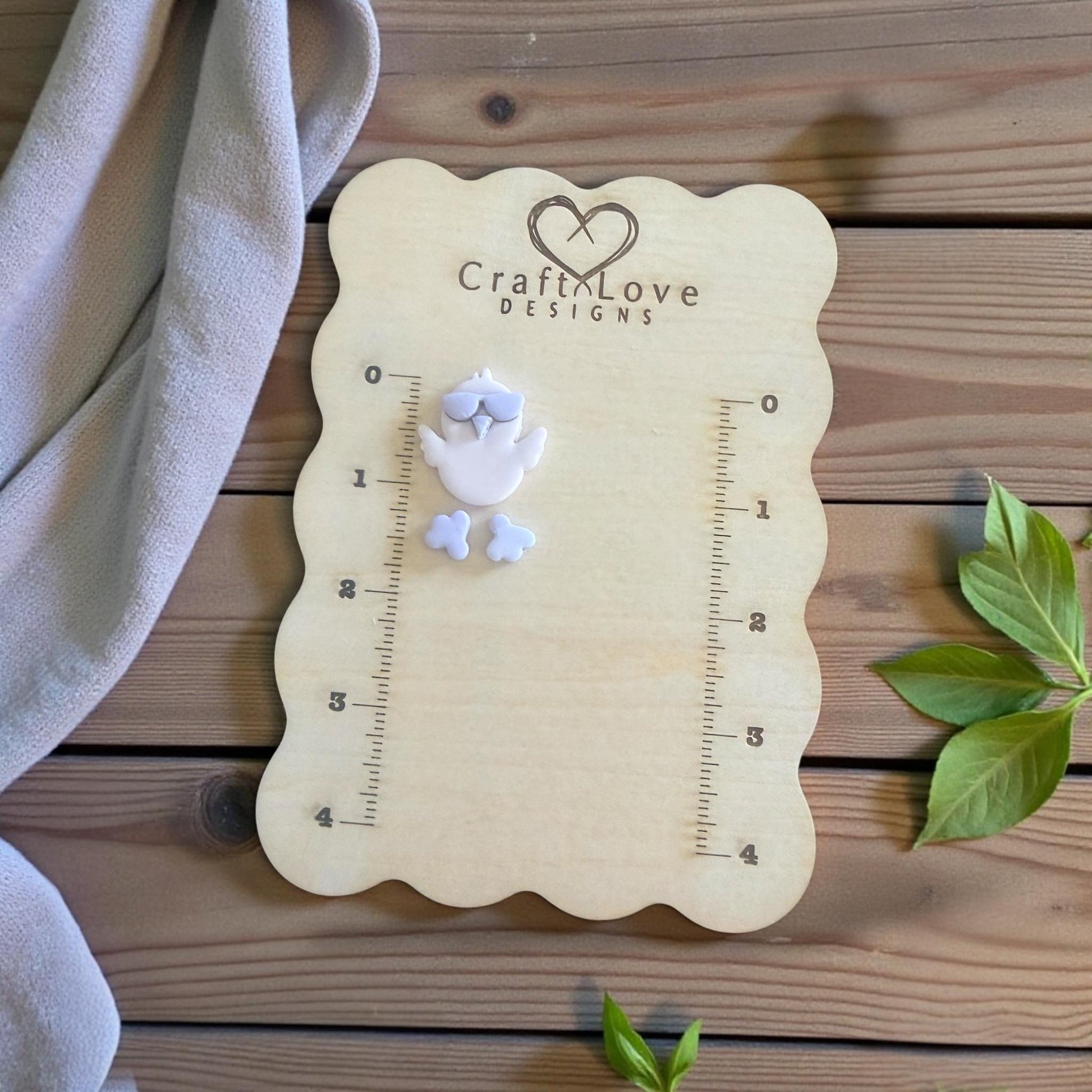 chick with feet on sizing board