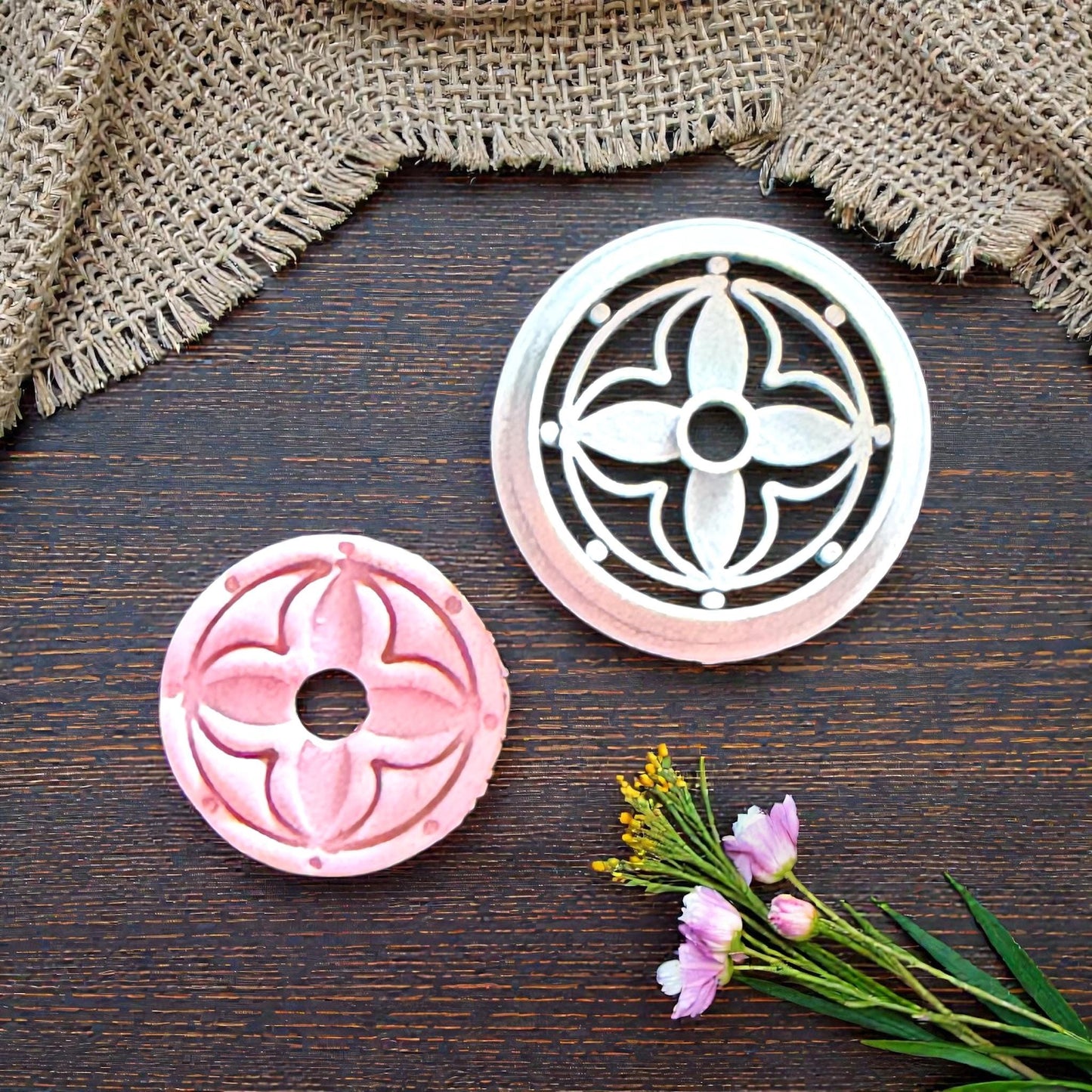 round floral clay cutter with pink impression
